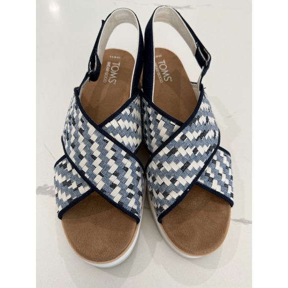 TOMS Diana‎ Crossover Platform Wedge Sandals Blue Weave Espadrille Size 9.5 EUC - Picture 1 of 10
